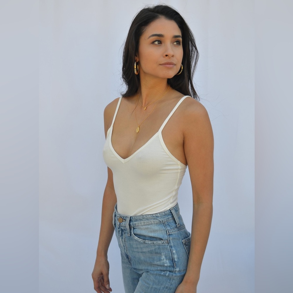 Olivaceous V Neck Tank Style Bodysuit in White